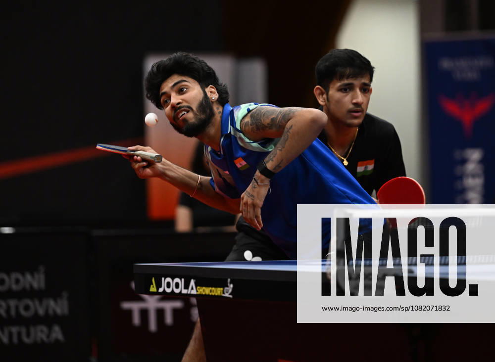 From left Ankur Bhattacharjee and Akash Pal of India in action during the match against Mateusz Zalewski of Poland and David Szantosi of Hungary during the men s doubles Table tennis, Tischtennis final at the WTT Feeder in Olomouc, Czech Republic, on August 28, 2026. (CTKxPhoto LudekxPerina) CTKPhotoP2026082806323 CTKPhotoP2026082806323
