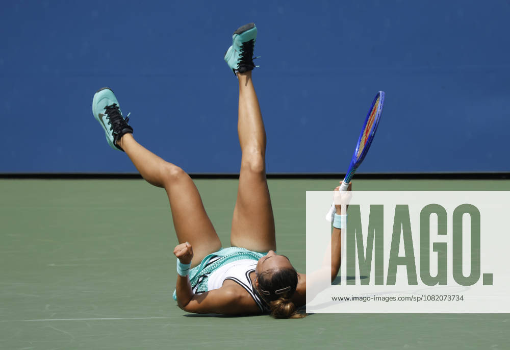 Qinwen Zheng of China celebrates after match point defeating Elena Pridankina in straight sets in their qualifying final match at the 2026 US Open Tennis Championship at the USTA Billie Jean King National Tennis Center in New York City on Friday, August 28, 2026. NYP20260828125 JOHNxANGELILLO