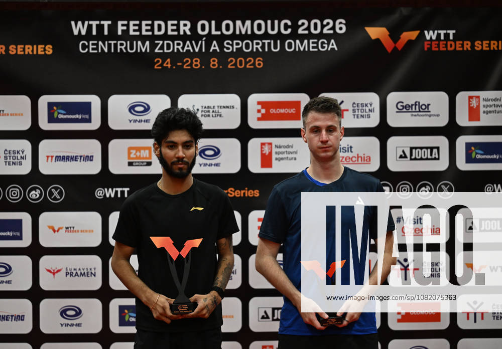 From left winner Ankur Bhattacharjee of India and Deni Kozul of Slovenia after the men s singles Table tennis, Tischtennis final at the WTT Feeder in Olomouc, Czech Republic, on August 28, 2026. (CTKxPhoto LudekxPerina) CTKPhotoP2026082806755 CTKPhotoP2026082806755