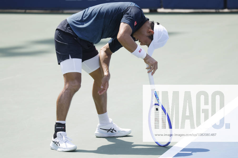 Kei Nishikori of Japan reacts after losing a point to Rei Sakamoto of Japan before his defeat in a qualifying final round match at the 2026 US Open Tennis Championship at the USTA Billie Jean King National Tennis Center in New York City on Friday, August 28, 2026. This was Nishikori s final Grand Slam appearance. NYP20260828139 JOHNxANGELILLO