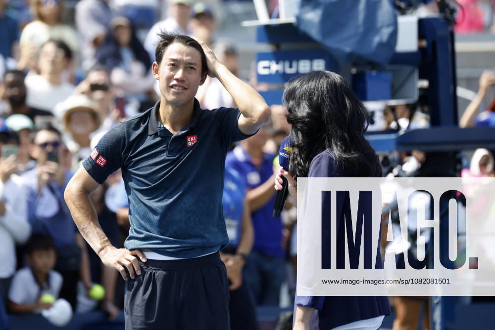 Kei Nishikori of Japan speaks on the court after his straight sets defeat to Rei Sakamoto of Japan in a qualifying final round match at the 2026 US Open Tennis Championship at the USTA Billie Jean King National Tennis Center in New York City on Friday, August 28, 2026. This was Nishikori s final Grand Slam appearance. NYP20260828144 JOHNxANGELILLO