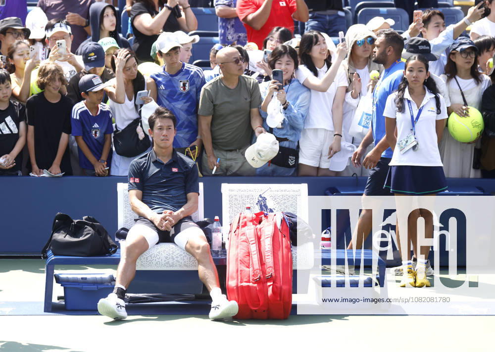 Kei Nishikori of Japan sits after his defeat to Rei Sakamoto of Japan in a qualifying final round match at the 2026 US Open Tennis Championship at the USTA Billie Jean King National Tennis Center in New York City on Friday, August 28, 2026. This was Nishikori s final Grand Slam appearance. NYP20260828134 JOHNxANGELILLO