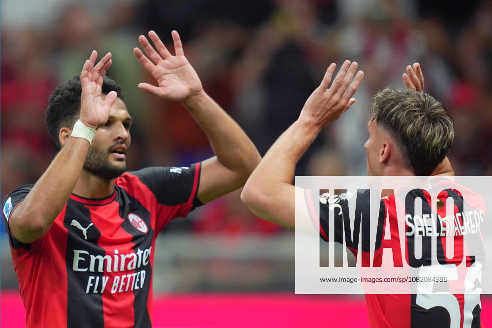 AC Milans Goncalo Ramos celebrates after scoring 1-0 , AC Milan s Alexis Saelemaekers during the Serie A soccer match between Ac Milan and Venezia at the San Siro Stadium in Milan, north Italy - Friday August 28 , 2026. - Soccer