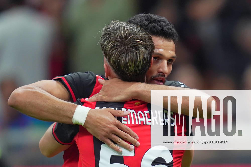 AC Milans Goncalo Ramos celebrates after scoring 1-0 , AC Milan s Alexis Saelemaekers during the Serie A soccer match between Ac Milan and Venezia at the San Siro Stadium in Milan, north Italy - Friday August 28 , 2026. - Soccer