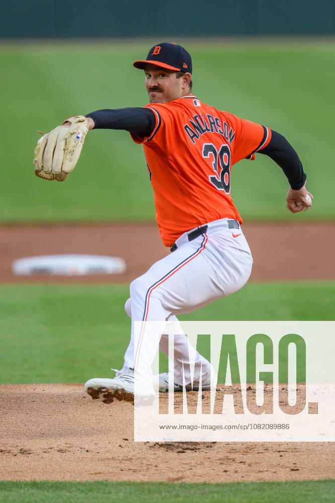 Aug 28, 2026; Detroit, Michigan, USA; Detroit Tigers Drew Anderson (38) pitches in the first inning at Comerica Park. Mandatory Credit: -Cal Media MLB, Baseball Herren, USA 2026: Dodgers Vs Tigers AUG 28 - ZUMAc04_ 20260828_zma_c04_004