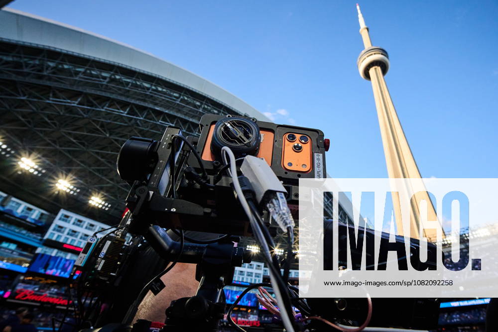An iPhone is rigged in a broadcast video setup ahead of MLB, Baseball Herren, USA baseball action between the Toronto Blue Jays and the Seattle Mariners in Toronto, on Friday, Aug. 28, 2026. Canada News - August 28, 2026 - ZUMAc35_ 20260828_zaf_c35_102