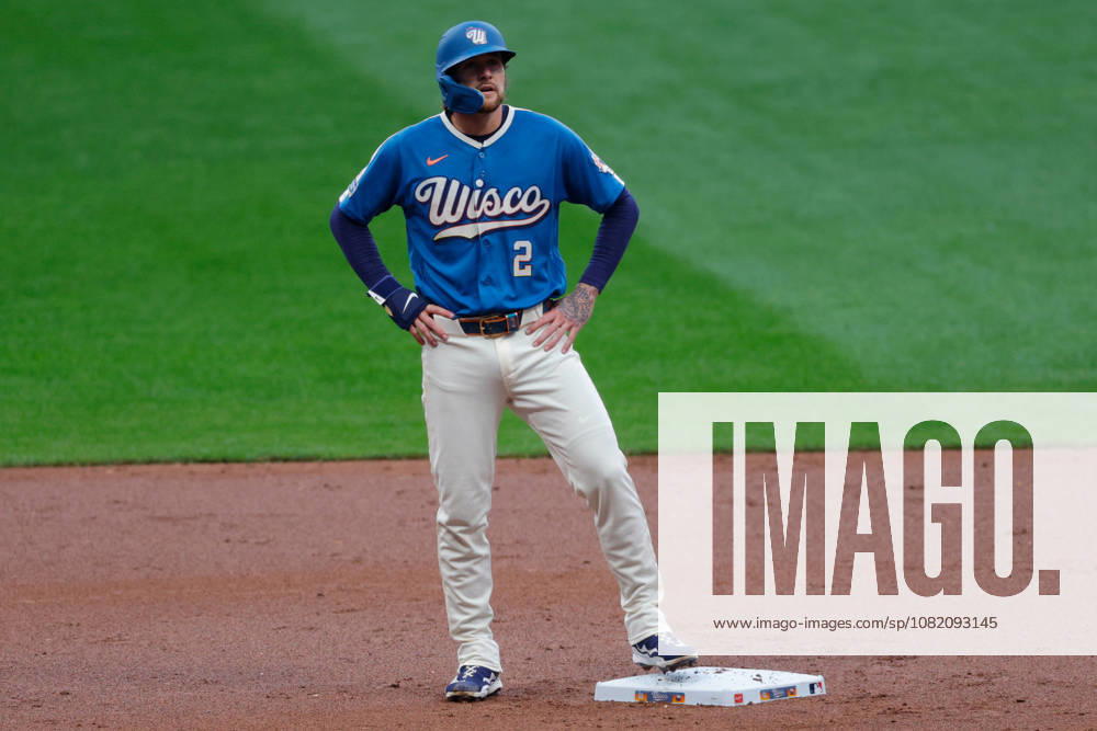Milwaukee Brewers second baseman BRICE TURANG (2) in a baseball game, Friday, Aug. 28, 2026, in Milwaukee, Wisconsin. MLB, Baseball Herren, USA 2026 - Rangers 1:6 Brewers - ZUMAa325 20260828_zsa_a325_011