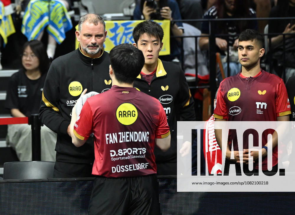German Table Tennis Cup Grand Opening with Fan Zhendong of Borussia Düsseldorf, photo ms0763, NUREMBERG, GERMANY, AUGUST 29, 2026. Fan Zhendong of Borussia Düsseldorf, photo ms0763, with Danny Heister, Dang Qiu, and Kanak Jha at the Table Tennis Bundesliga Cup Grand Opening for the 2026–2027 season at the Kia Metropol Arena in Nuremberg, Nuremberg, Kia Metropol Arena, Bavaria, Germany