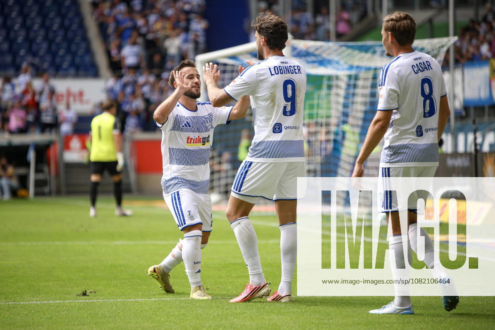 GER, Soccer, Men s, 3rd Division, 2026–2027 Season, MSV Duisburg vs. Würzburger Kickers, Lex Tyger Lobinger, Duisburg goal celebration, celebrating with Can Coskun after scoring the 2–0 goal, Duisburg, Schauinsland Arena, North Rhine-Westphalia, Germany