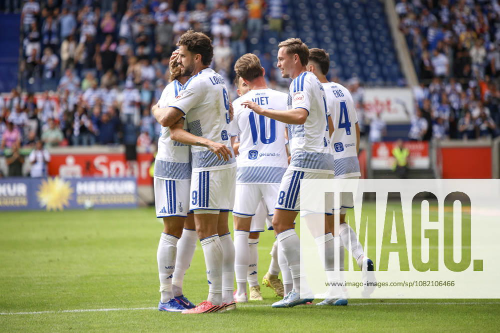 GER, Soccer, Men s, 3rd Division, 2026–2027 Season, MSV Duisburg vs. FC Würzburger Kickers; Lex Tyger Lobinger; Duisburg goal celebration; celebrates with his team after scoring the 2–0 goal; Duisburg; Schauinsland; Reisen Arena; North Rhine-Westphalia; Germany