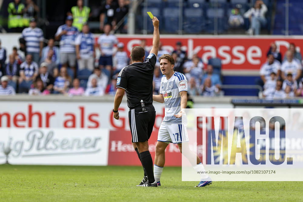 GER, Soccer, Men s, 3rd Division, 2026–2027 Season, MSV Duisburg vs. FC Würzburger Kickers, Patrick Sussek, Duisburg receives a yellow card from referee Niclas Rose, Duisburg Schauinsland Arena, North Rhine-Westphalia, Germany