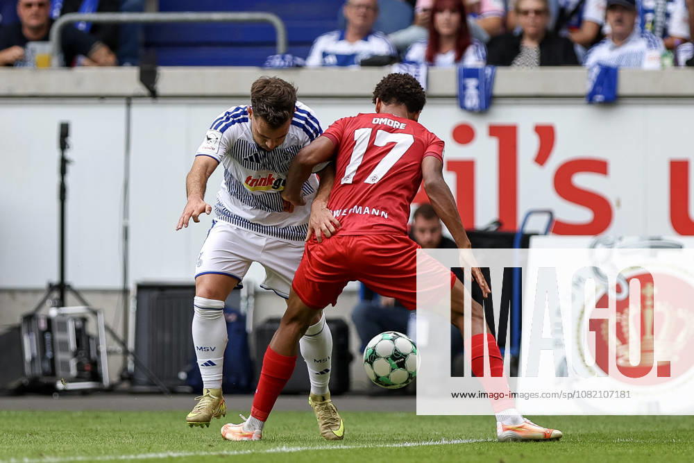 GER, Soccer, Men s, 3rd Division, 2026–2027 Season, MSV Duisburg vs. FC Würzburger Kickers; Can Coskun (Duisburg) and Liam Omore (Würzburg) battle for the ball; Duisburg Schauinsland Arena, North Rhine-Westphalia, Germany