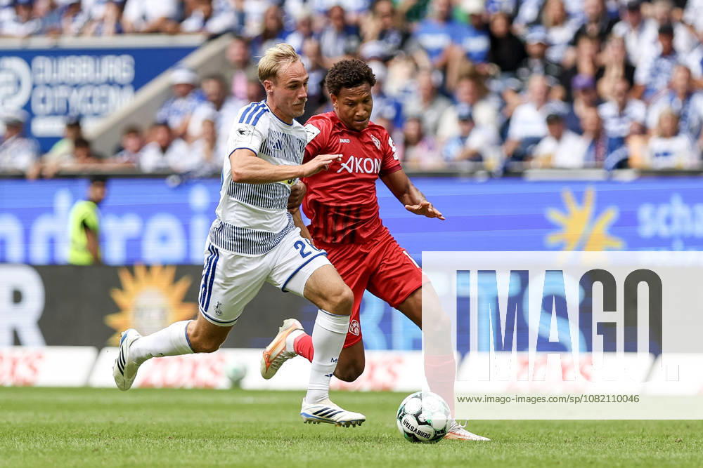 GER, Soccer, Men’s, 3rd Division, 2026–2027 Season, MSV Duisburg vs. FC Würzburger Kickers, Florian Krüger (Duisburg) and Liam Omore (Würzburg), Duisburg’s Schauinsland-Arena, North Rhine-Westphalia, Germany