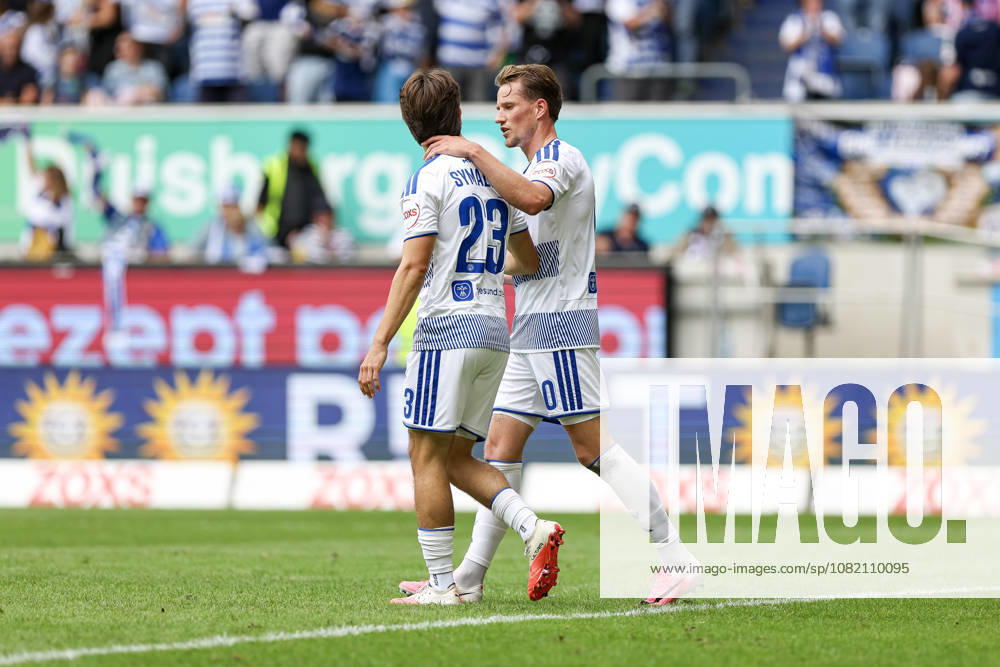 GER, Soccer, Men s, 3rd Division, 2026–2027 Season, MSV Duisburg vs. FC Würzburger Kickers, Christian Viet, Duisburg, goal celebration—celebrating his goal to make it 3–0 with Jan Simon Symalla, Duisburg, Schauinsland Arena, North Rhine-Westphalia, Germany