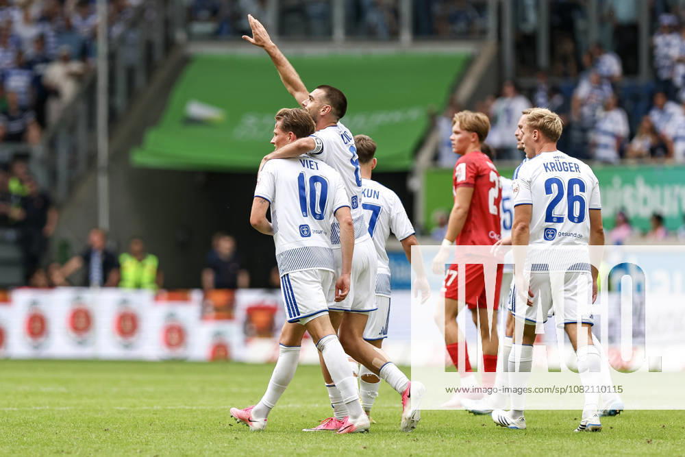 GER, Soccer, Men s, 3rd Division, 2026–2027 Season, MSV Duisburg vs. Würzburger Kickers, Christian Viet, Duisburg, goal celebration—celebrating his goal to make it 3–0 with Rasim Bulic, Duisburg, Schauinsland Arena, North Rhine-Westphalia, Germany