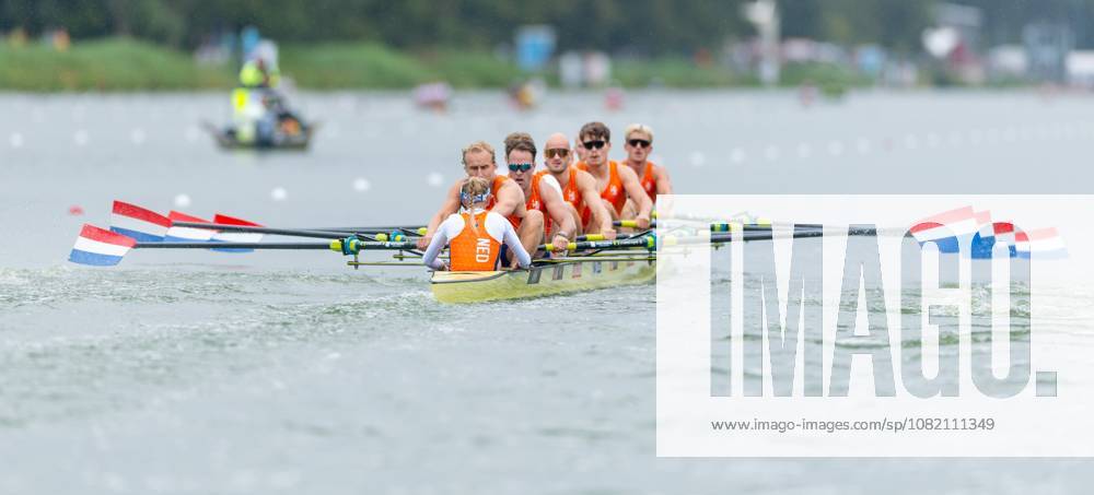 AMSTERDAM - Finn Florijn, Jan van der Bij, Jorn Salverda, Mick Makker, Sander de Graaf, Pieter van Veen, Ralf Rienks, Wibout Rustenburg, coxswain Jonna de Vries during the heats for the men s eight on the sixth day of the World Rowing Championships at the Bosbaan in the Amsterdam Forest. IRIS VAN DEN BROEK ANP ANPxSportx IVx 566504953 originalFilename: 566504953