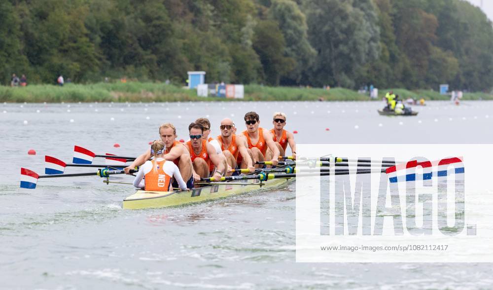 AMSTERDAM - Finn Florijn, Jan van der Bij, Jorn Salverda, Mick Makker, Sander de Graaf, Pieter van Veen, Ralf Rienks, Wibout Rustenburg, coxswain Jonna de Vries during the heats for the men s eight on the sixth day of the World Rowing Championships at the Bosbaan in the Amsterdam Forest. IRIS VAN DEN BROEK ANP ANPxSportx IVx 566505498 originalFilename: 566505498
