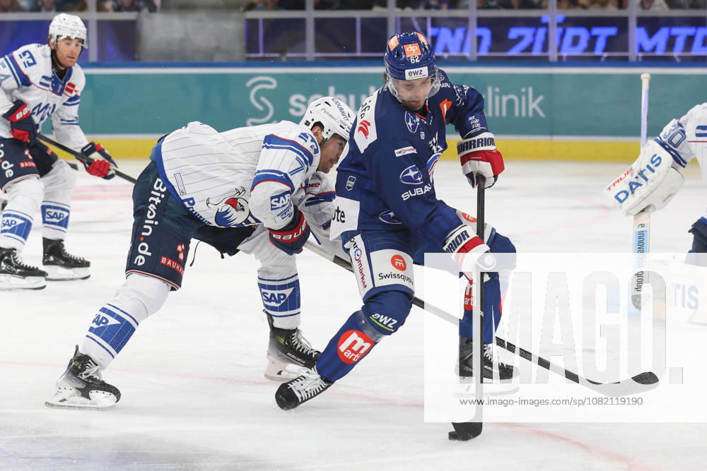 Zurich, SWITZERLAND, Swiss Life Arena, 2026–2027 Ice Hockey Season, Exhibition Game: ZSC Lions vs. Adler Mannheim, John Gilmour (Adler) vs. Denis Malgin (ZSC Lions)