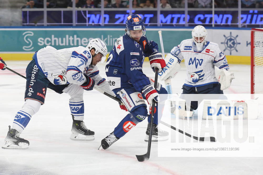 Zurich, SWITZERLAND, Swiss Life Arena, 2026–2027 Ice Hockey Season, Exhibition Game: ZSC Lions vs. Adler Mannheim, John Gilmour (Adler) vs. Denis Malgin (ZSC Lions)