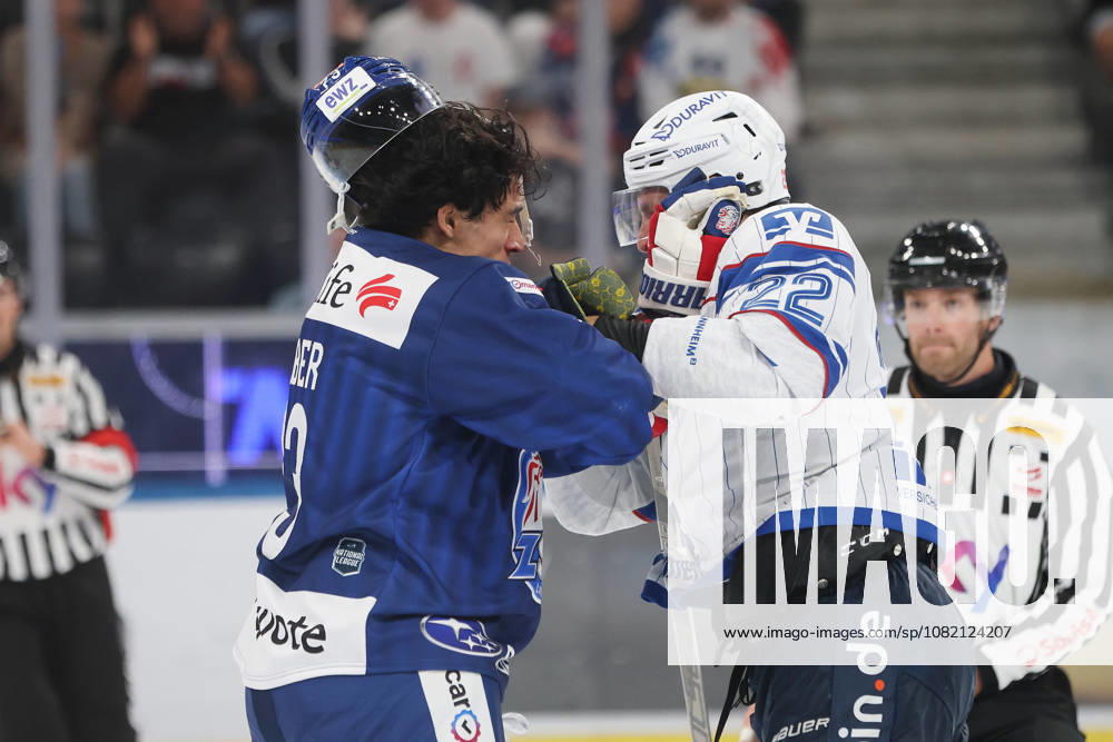 Zurich, SWITZERLAND, Swiss Life Arena, 2026–2027 Ice Hockey Season, Friendly Match: ZSC Lions vs. Adler Mannheim, Matthias Plachta (Adler) battles Kimo Gruber (ZSC)