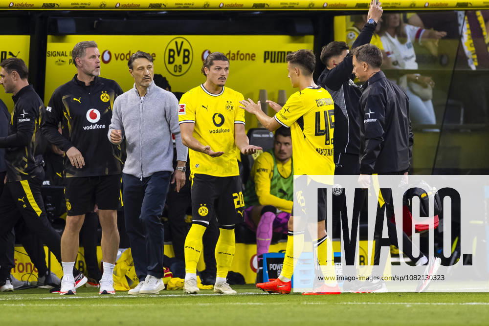 Soccer, Matchday 1 of the 1st Bundesliga, Borussia Dortmund vs. Hamburger SV; Coach Niko Kovac (Borussia Dortmund), Marcel Sabitzer (Borussia Dortmund), Giannis Konstantelias (Borussia Dortmund); Dortmund, Signal Iduna Park, North Rhine-Westphalia, Germany; xRHR PHOTO DEx