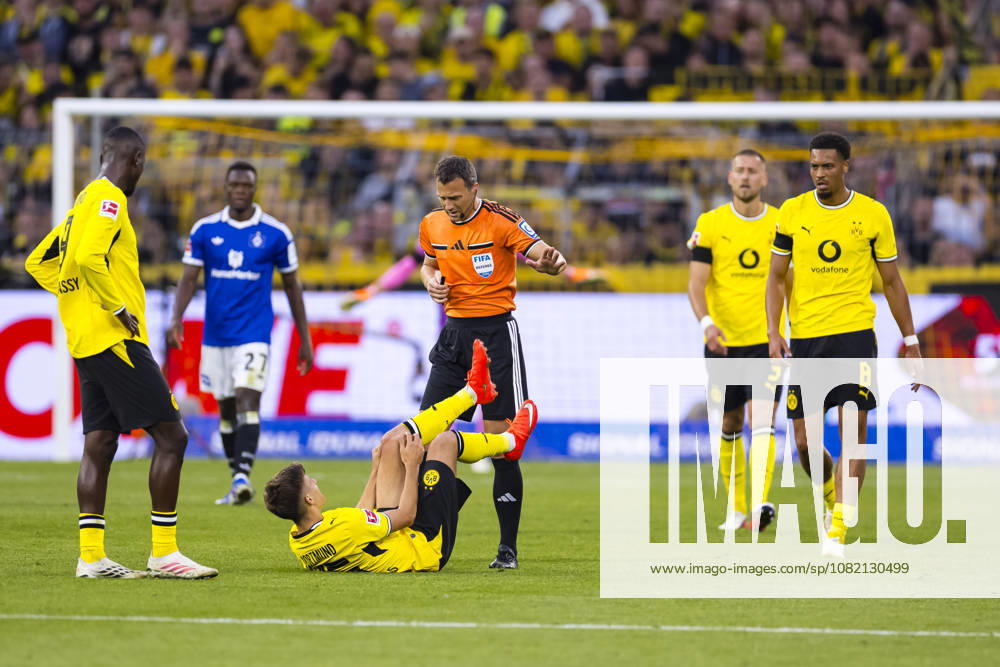 Soccer, Matchday 1 of the 1st Bundesliga, Borussia Dortmund vs. Hamburger SV; Referee Felix Zwayer (GER) approaches the injured Giannis Konstantelias; Borussia Dortmund, Signal Iduna Park, Dortmund, North Rhine-Westphalia, Germany; xRHR PHOTO DEx