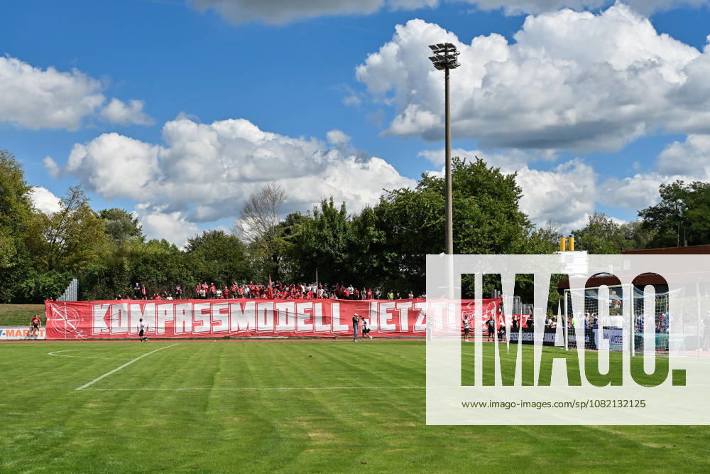 Bavarian Regional League: FV Illertissen vs. FC Bayern Munich II, August 29, 2026, Illertissen, GERMANY, AUGUST 29: Bayern fans with a message for the leagues: COMPASS MODEL NOW before the Bavarian Regional League match between FV Illertissen and FC Bayern Munich II on Matchday 6 at Illertissen Stadium