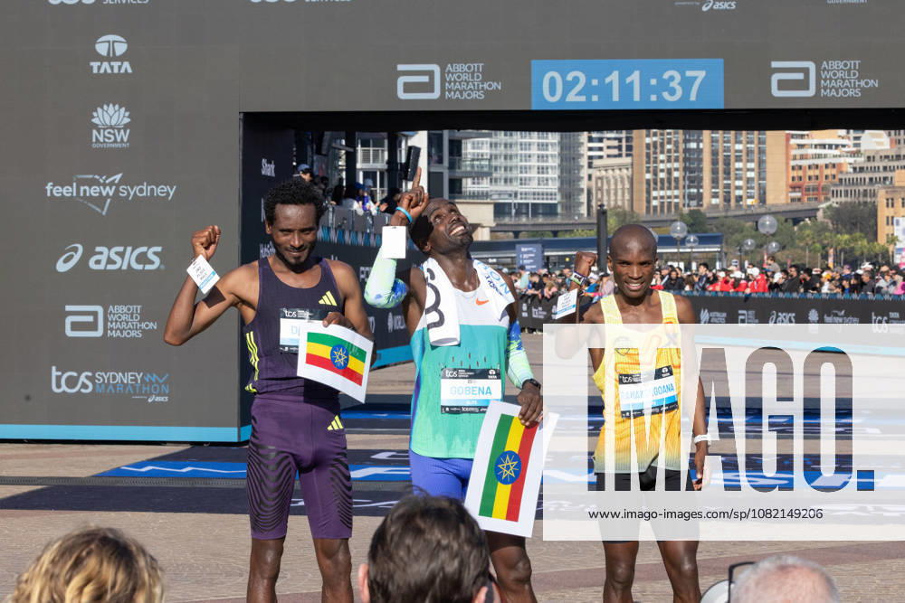 2026 SYDNEY MARATHON, L-R Silver medalist Chimdessa Debele, Gold medalist Addis Gobena and Bronze winner Tebello Ramakongoana after the 2026 Sydney Marathon in Sydney, Sunday, August 30, 2026. ( NO ARCHIVING, SYDNEY NEW SOUTH WALES AUSTRALIA