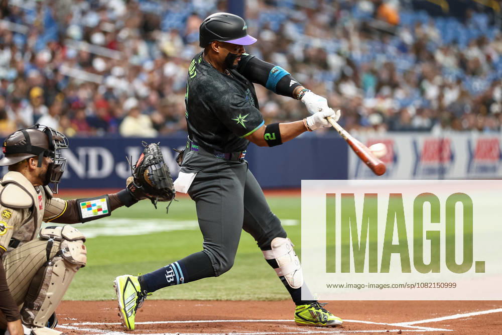 Tampa Bay Rays designated hitter YANDY DoÂAZ (2) hits a pitch against San Diego Padres. The Tampa Bay Rays hosted the San Diego Padres at Tropicana Field in St. Petersburg, FL. St. Petersburg USA - ZUMAm299 20260829_znp_m299_012