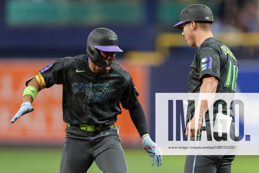 Tampa Bay Rays left fielder CHANDLER SIMPSON (14) celebrates after a hit against San Diego Padres. The Tampa Bay Rays hosted the San Diego Padres at Tropicana Field in St. Petersburg, FL. St. Petersburg USA - ZUMAm299 20260829_znp_m299_024