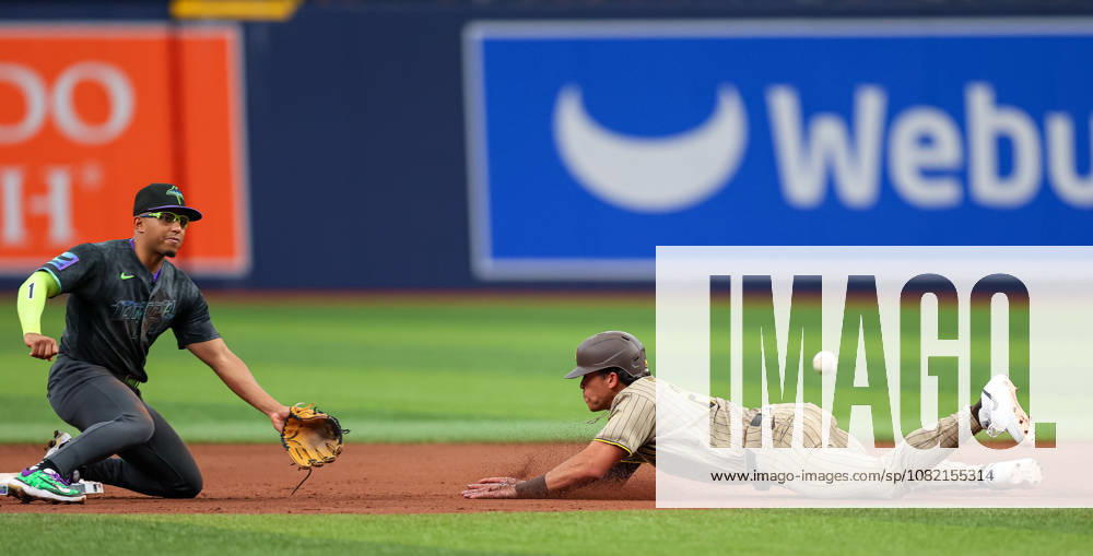 San Diego Padres left fielder DUSTIN HARRIS (29) slides into second base for a stolen base against the Tampa Bay Rays. The Tampa Bay Rays hosted the San Diego Padres at Tropicana Field in St. Petersburg, FL. MLB, Baseball Herren, USA 2026: San Diego Padres 6:7 Tampa Bay Rays - ZUMAm299 20260829_znp_m299_047