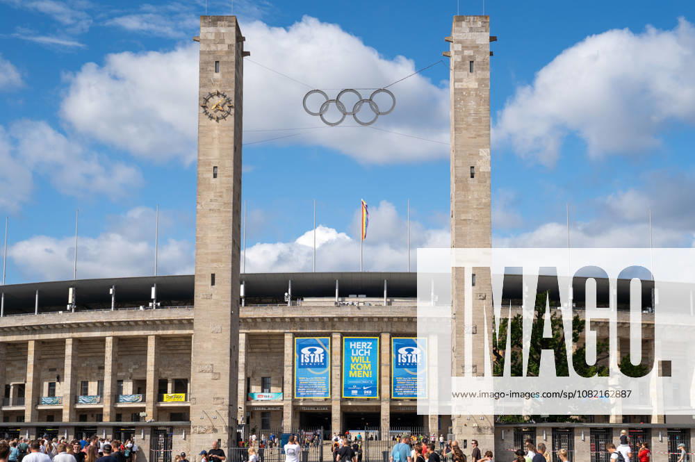 German Track and Field, Track and Field Meet, ISTAF 2026 Sports Festival on August 30, 2026, at the Berlin Olympic Stadium View of the Berlin Olympic Stadium with its distinctive towers and the Olympic rings ahead of the ISTAF track and field meet in Berlin