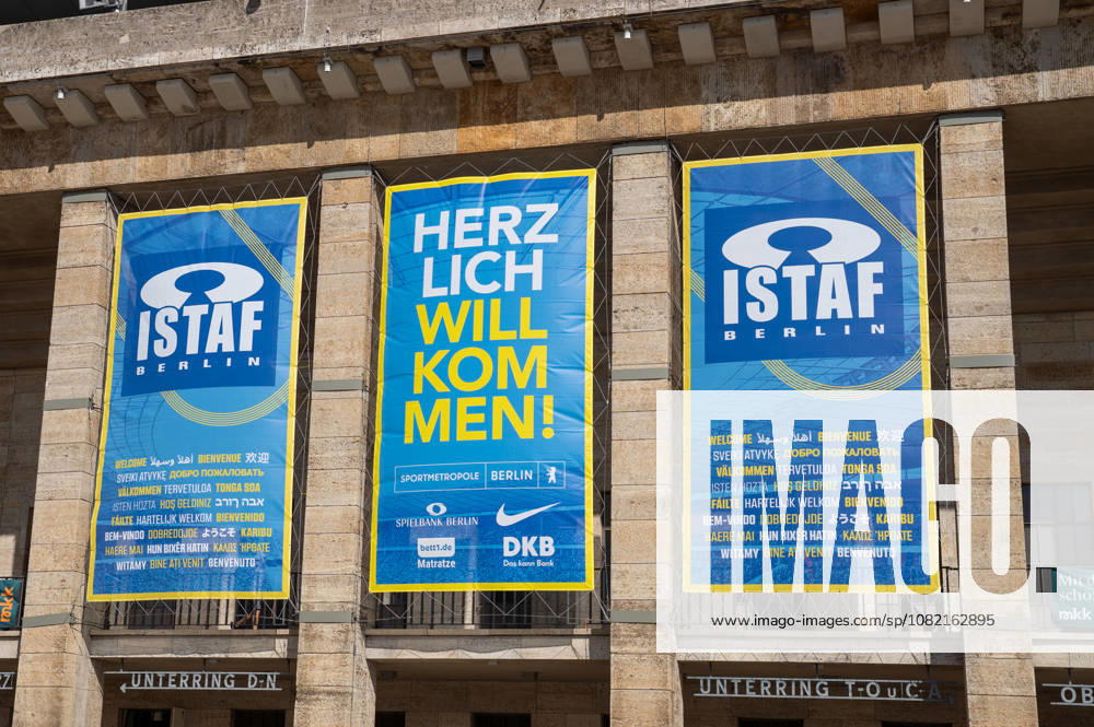German Athletics, Track and Field Meeting, ISTAF 2026 Sports Festival on August 30, 2026, at the Berlin Olympic Stadium. ISTAF banner with the words Welcome on the facade of the Berlin Olympic Stadium ahead of the ISTAF Berlin international track and field meeting.