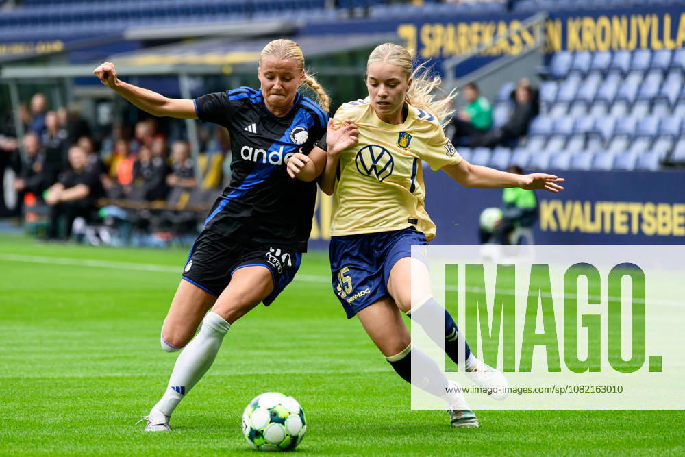 Broendby IF v FC Copenhagen, A-Liga football, Broendby, Denmark Broendby, Denmark. 29th, August 2026. Frederikke Benfeldt (L) of FC Copenhagen and Evelina Thygesen (R) of Broendby IF seen during the A-Liga match between and Broendby IF and FC Copenhagen at Brondby Stadion in Brondby. Denmark, Brondby, Brondby Stadion
