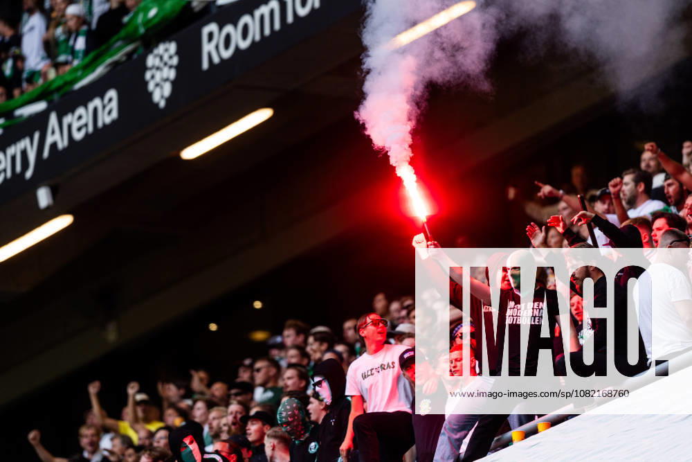 Halmstad fans with pyrotechnics before the Allsvenskan soccer match between AIK and Hammarby on August 30, 2026, in Stockholm
