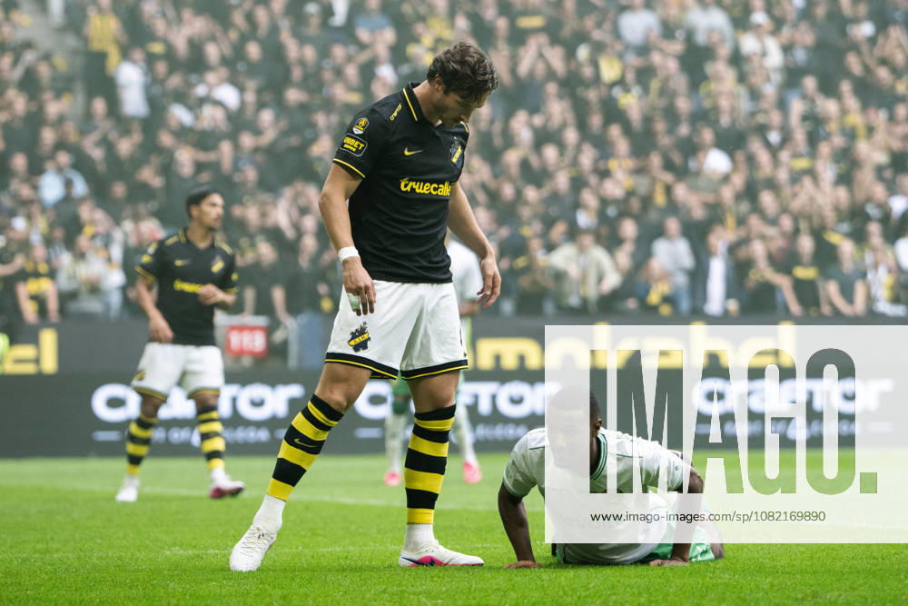 AIK s Hervé Matthys and Hammarby s Paulos Abraham during the Allsvenskan soccer match between AIK and Hammarby on August 30, 2026, in Stockholm