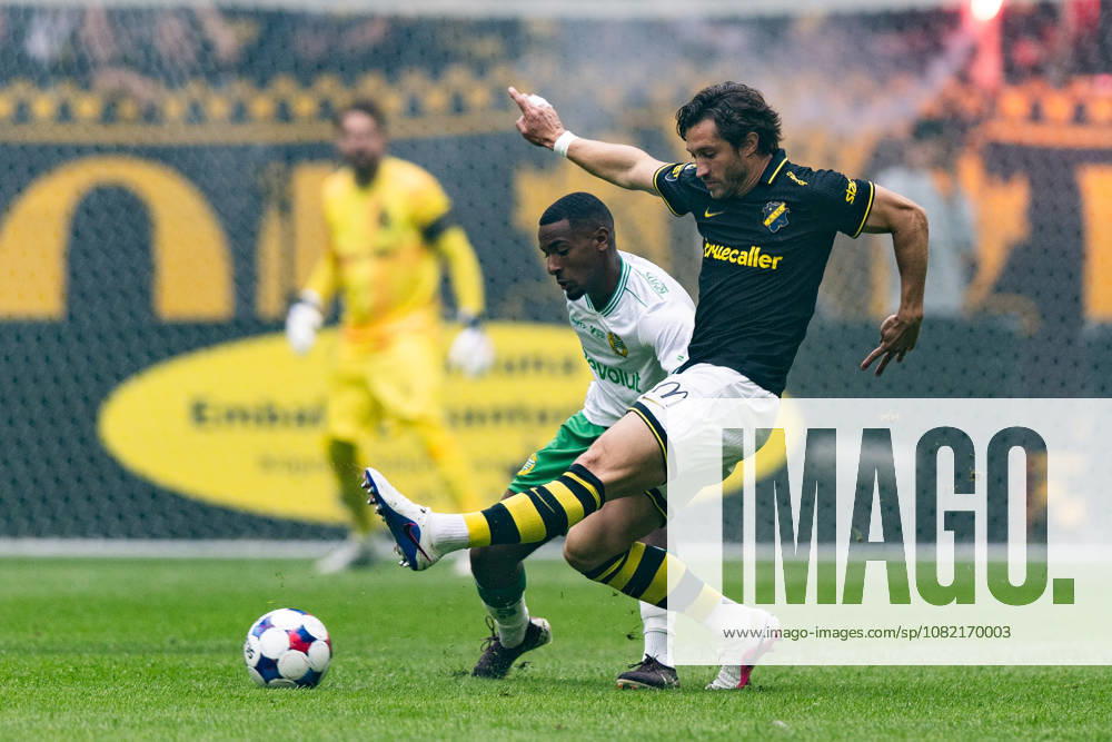 Hammarby s Paulos Abraham and AIK s Hervé Matthys during the Allsvenskan soccer match between AIK and Hammarby on August 30, 2026, in Stockholm