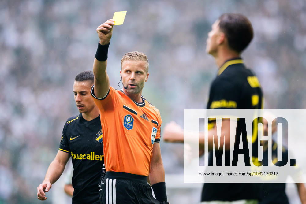 AIK s Wilmer Olofsson receives a caution during the Allsvenskan soccer match between AIK and Hammarby on August 30, 2026, in Stockholm