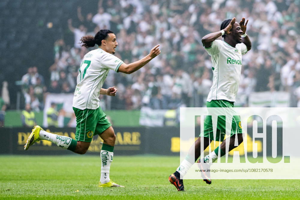 Hammarby s Frank Junior Adyei and Amin Boudri celebrate after scoring the 0-1 goal during the Allsvenskan soccer match between AIK and Hammarby on August 30, 2026, in Stockholm