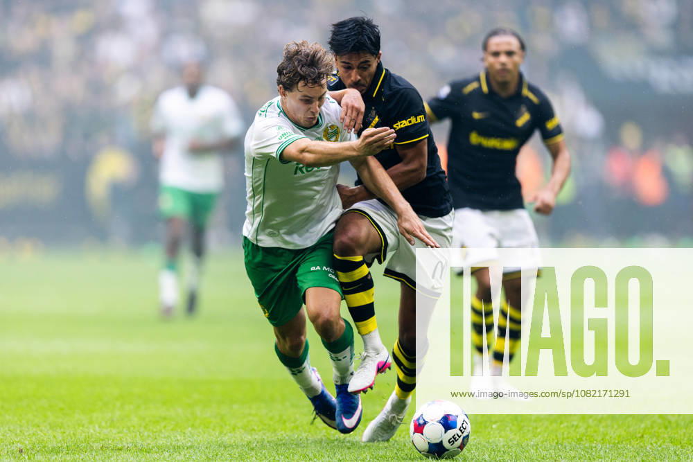 Hammarby s Hampus Skoglund and AIK s Lukas Bergquist during the Allsvenskan soccer match between AIK and Hammarby in Stockholm