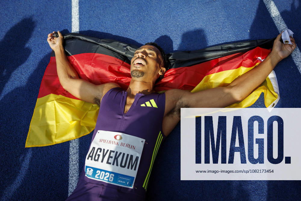Emil AGYEKUM (GER Germany) on the track after winning the 400m hurdles during the ISTAF at Olympic Stadium on August 30, 2026 in Berlin, Germany. Germany