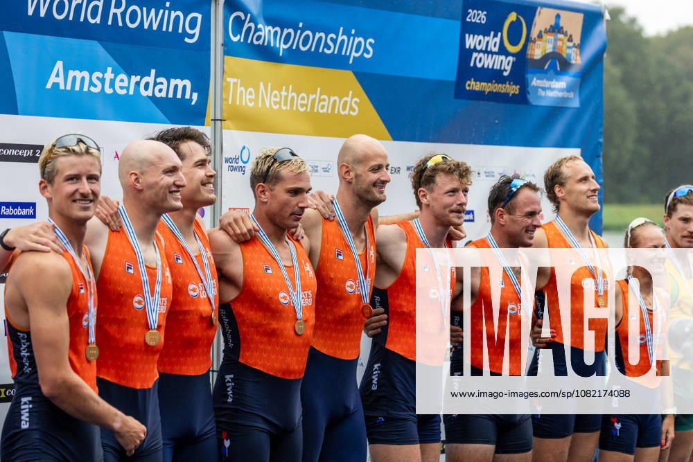 30 Aug 2026 World Rowing Championships AMSTERDAM, NETHERLANDS - AUGUST 30: Ralf Rienks, Finn Florijn, Wibout Rustenburg, Jorn Salverda, Pieter Van Veen, Jan Van Der Bij, Mick Makker and Jonna De Vries of the Netherlands and Sander de Graaf of The Netherlands during 30 Aug 2026 World Rowing Championships at Bosbaan on August 30, 2026 in Amsterdam, Netherlands. Amsterdam Bosbaan Netherlands Content not available for redistribution in The Netherlands directly or indirectly through any third parties.
