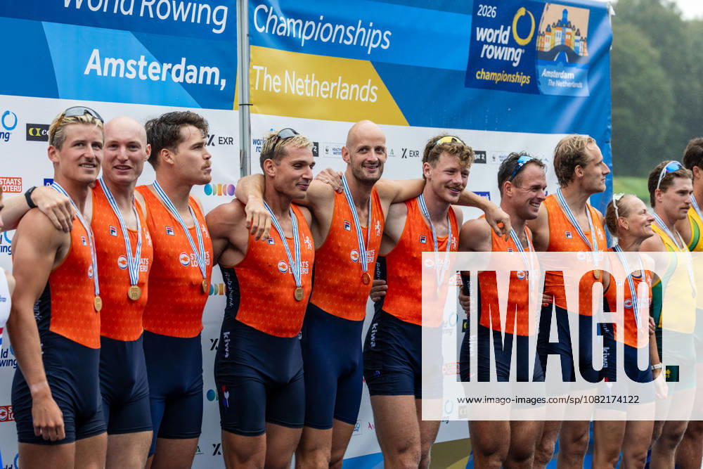 30 Aug 2026 World Rowing Championships AMSTERDAM, NETHERLANDS - AUGUST 30: Ralf Rienks, Finn Florijn, Wibout Rustenburg, Jorn Salverda, Pieter Van Veen, Jan Van Der Bij, Mick Makker and Jonna De Vries of the Netherlands and Sander de Graaf of The Netherlands during 30 Aug 2026 World Rowing Championships at Bosbaan on August 30, 2026 in Amsterdam, Netherlands. Amsterdam Bosbaan Netherlands Content not available for redistribution in The Netherlands directly or indirectly through any third parties.