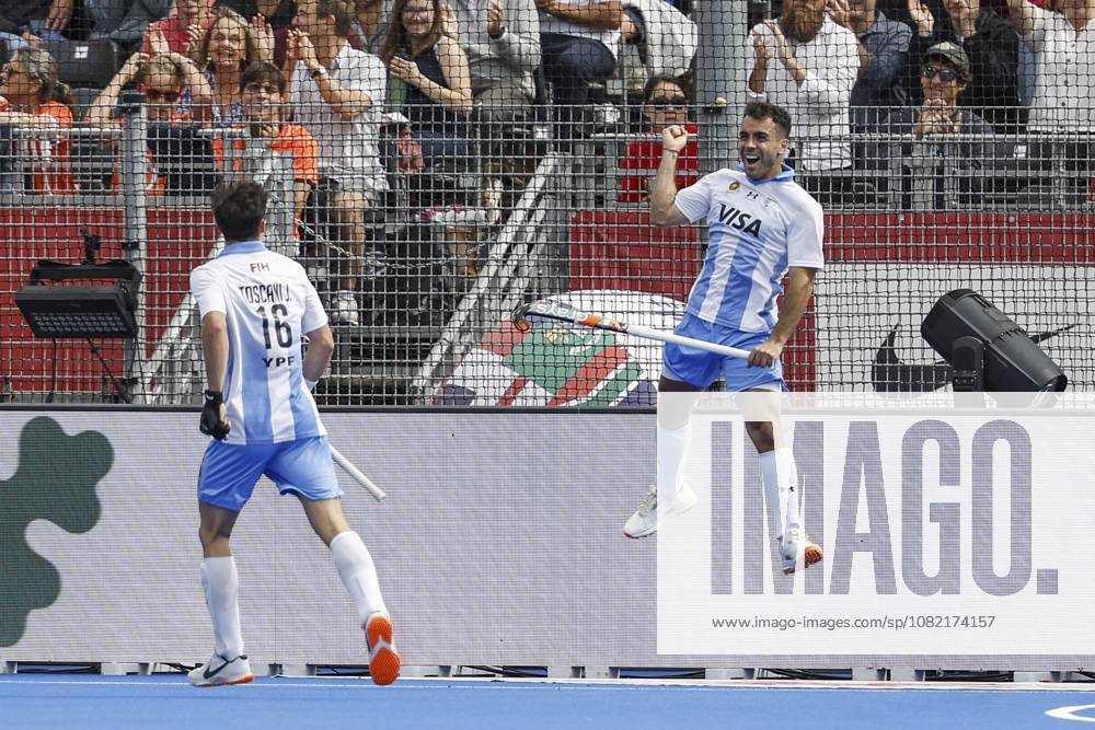 WAVER - Tomas Domene of Argentina celebrates scoring the 0-1 during the bronze medal final at the Hockey World Cup (men) between the Netherlands and Argentina in the Belfius Hockey Arena. BAS CZERWINSKI ANP ANPxSportx IVx 566594891 originalFilename: 566594891