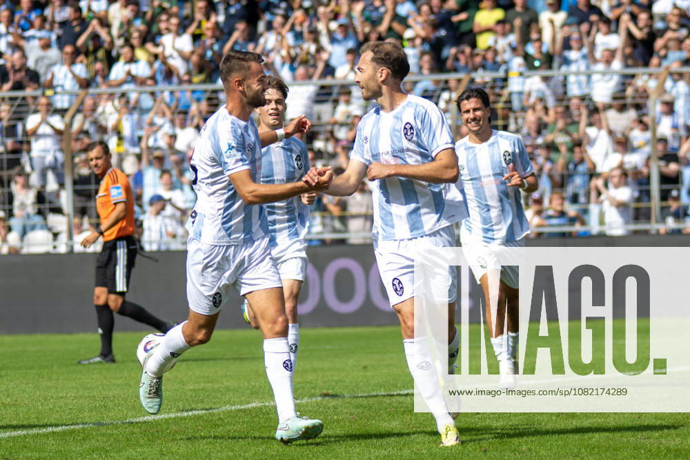 Goal celebration after the 1-0, Raphael Wach 8 (TSV 1860 Munich), Michael Eberwein 13 (TSV 1860 Munich), goal scorers, TSV 1860 Munich vs. TSV Landsberg, soccer, Bavarian Regional League, Matchday 6, August 30, 2026. DFB regulations prohibit any use of photographs as image sequences and or quasi-video. Munich, Bavaria, Germany