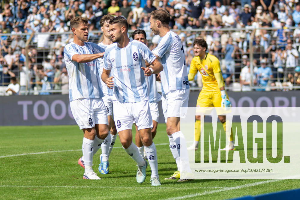 Goal celebration after the 1-0 score: TSV 1860 Munich—Florian Niederlechner (7), TSV 1860 Munich—Michael Eberwein (13), TSV 1860 Munich vs. TSV Landsberg, Soccer, Bavarian Regional League, Matchday 6, August 30, 2026. DFB regulations prohibit any use of photographs as image sequences and or quasi-video. Munich, Bavaria, Germany