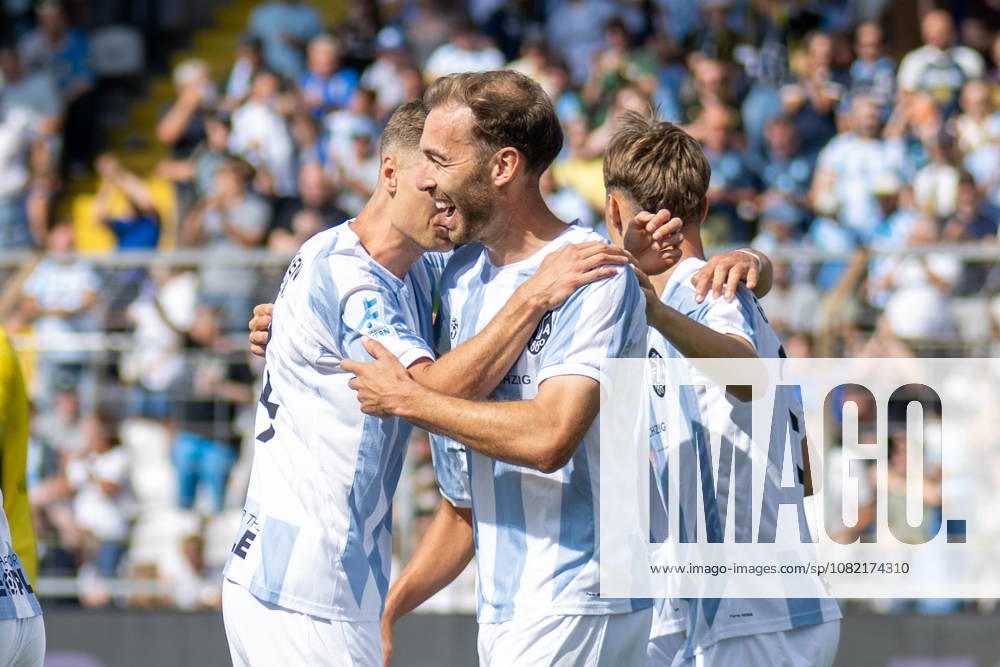 Goal celebration for the 1–0 lead, TSV 1860 Munich, Michael Eberwein 13, TSV 1860 Munich, TSV 1860 Munich vs. TSV Landsberg, Soccer, Bavarian Regional League, Matchday 6, August 30, 2026. DFB regulations prohibit any use of photographs as image sequences and or quasi-video. Munich, Bavaria, Germany