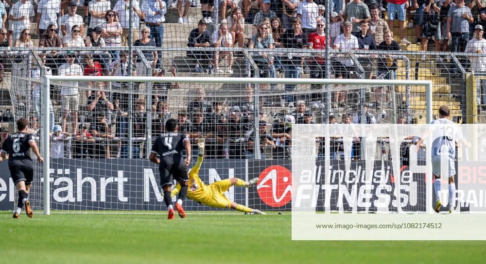 Michael Eberwein of TSV 1860 Munich, No. 13, converts a penalty kick into a goal, making the score 1–0 against goalkeeper Leopold Leimeister of TSV 1882 Landsberg, 01 GER, TSV 1860 Munich vs. TSV Landsberg 1882, Soccer, Bavarian Regional League, Matchday 6, 2026–2027 Season, August 30, 2026 DFL and DFB regulations prohibit any use of photographs as image sequences and or quasi-video. Photo: HMB Media, Heike Feiner