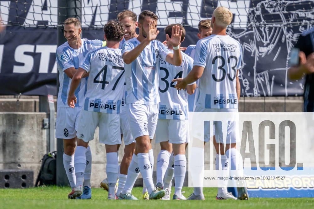 The Munich fans cheer for Michael Eberwein of TSV 1860 Munich, who scored the 1-0 goal on a penalty kick, TSV 1860 Munich vs. TSV Landsberg 1882, Soccer, Bavarian Regional League, Matchday 6, 2026–2027 season, August 30, 2026 DFL DFB regulations prohibit any use of photographs as image sequences and or quasi-video. Photo: HMB Media, Heike Feiner