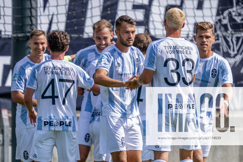 The Munich fans cheer for Michael Eberwein of TSV 1860 Munich, who scored the 1-0 goal on a penalty kick, TSV 1860 Munich vs. TSV Landsberg 1882, Soccer, Bavarian Regional League, Matchday 6, 2026–2027 season, August 30, 2026 DFL DFB regulations prohibit any use of photographs as image sequences and or quasi-video. Photo: HMB Media, Heike Feiner